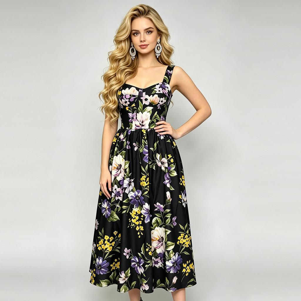 Summer Women Sleeveless V-Neck Midi Long Dress Floral Print High Waist A‑Line Swing Casual Holiday Party Dress