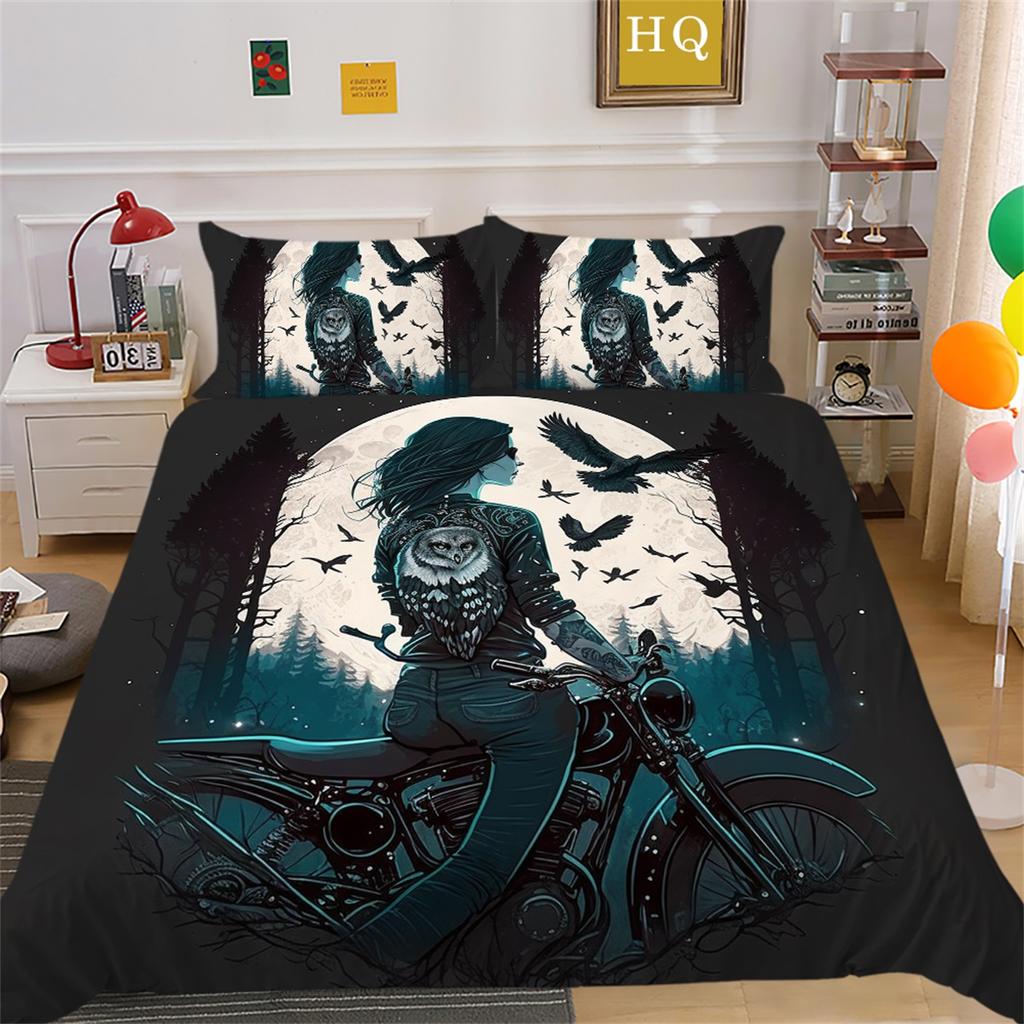 3D Beauty Skull Head Bedding Set Motorcycle Beauty Print Bedroom Decoration Quilt Cover and Pillow Cover 2/3 Pieces White Background Home Decoration