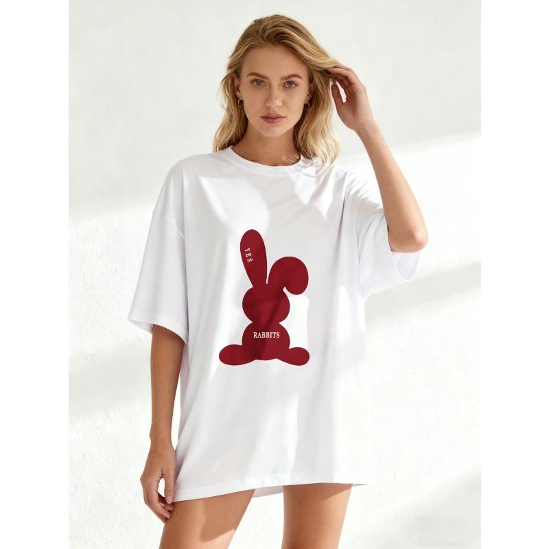 Oversized T Shirt Black Red Rabbit Silhouette With Yrs And Rabbits Text Casual Streetwear Fashion For Women Summer Outfits