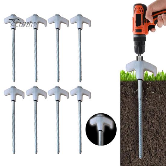 8Pcs Tent Stakes Heavy-Duty Metal Camping Stakes Threaded Anchors Set Up with Drill or Hammer Superior Grip Tent Pegs On Grass Soil Gravel for Canopy
