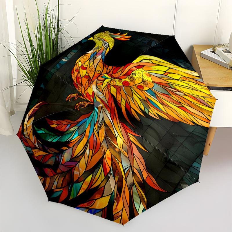 1pc Automatic Open/Close Umbrella with Stained Glass Phoenix Design - Elegant Red, Orange, Yellow, Black, Blue, Green, Purple,