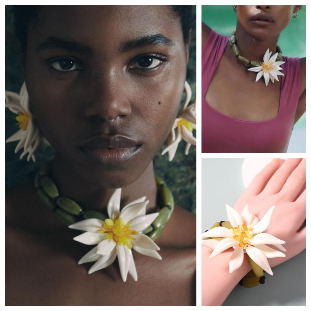 Bracelet Bamboo Flowers Jewelry Set Handmade Floral Ear Studs  Vacation