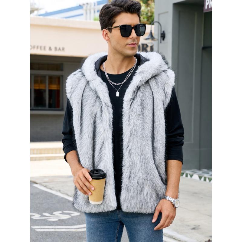 Herrväst med huva i randigt fuskpäls Varm Ärmlös Casual Väst