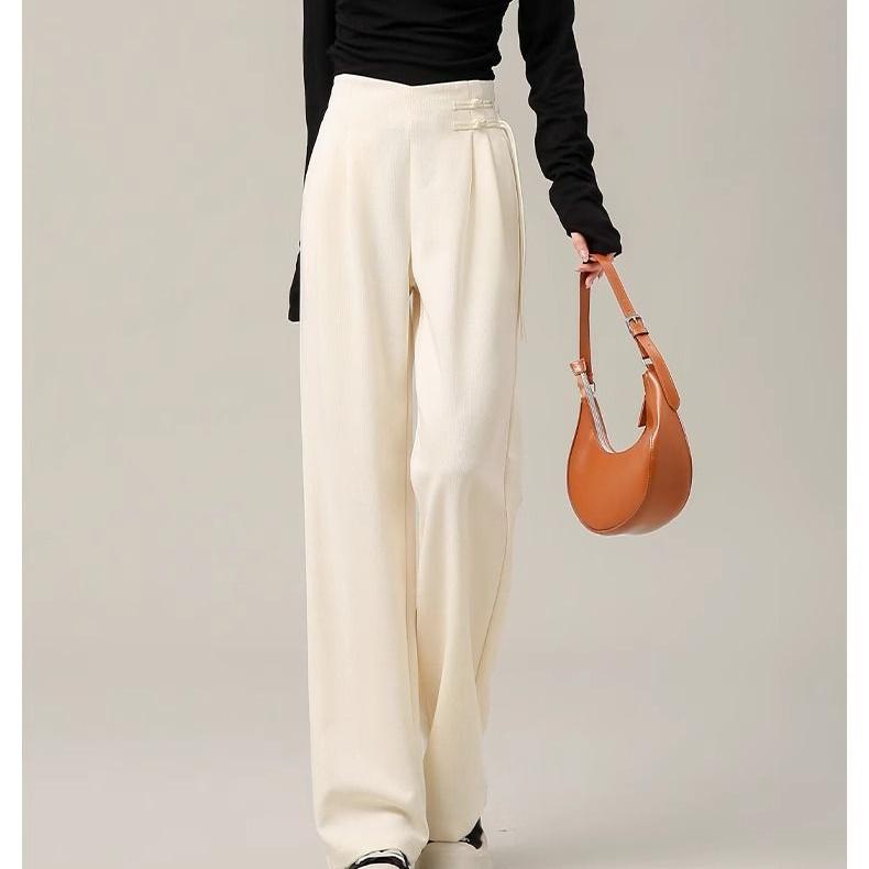 Elegant High Waist Wide Leg Pants with Ancient Button Design for Women