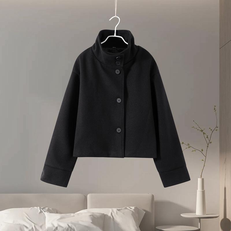 Kabát s límcem stojáčkem, jednoradové zapínání, z umělé vlny, dámská bunda s dlouhým rukávem, teplá, krátká, volného střihu, pro každodenní nošení, podzim 2025