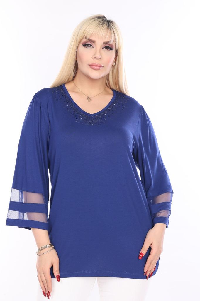 Damen Übergröße Bluse Saphirblau Große Größe Dreiviertelarm Bluse mit Steindetail am Kragen