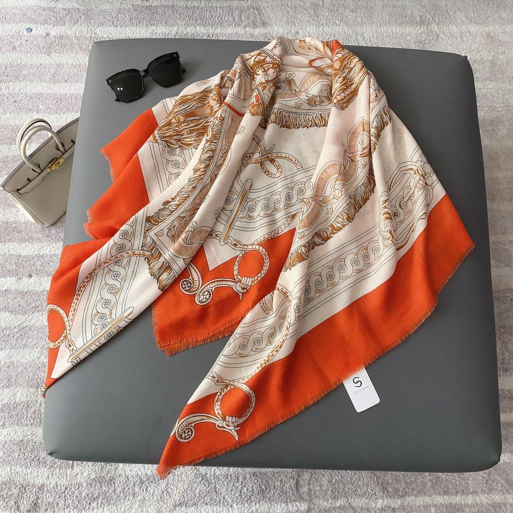 New Emma orange beard removal large square scarf fashion tassel women's temperament shawl silk scarf spring and summer go out decorative scarf