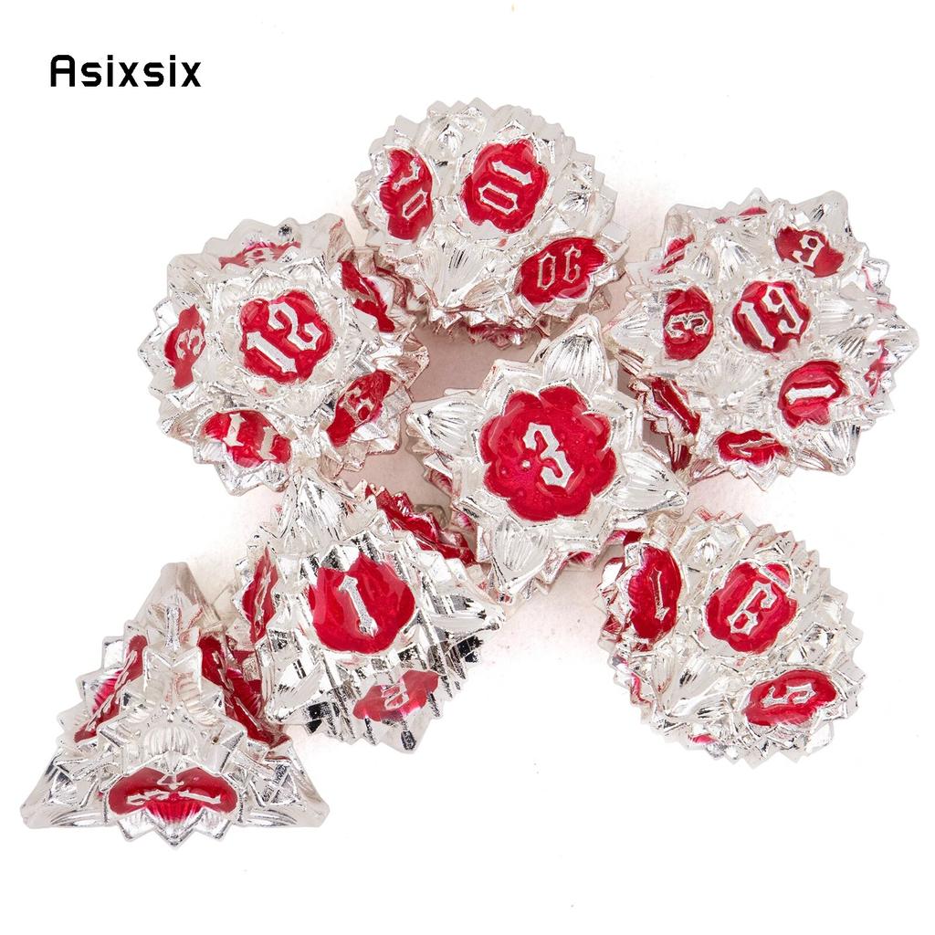 7 Pcs White Red Lotus Flower  Metal Dice Solid Metal Polyhedral Dice Set Suitable for Role-Playing RPG  Board Game Card Game
