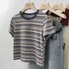 Women's Striped Crew Neck T-Shirt Short Sleeve Contrast Trim Casual Summer Tee