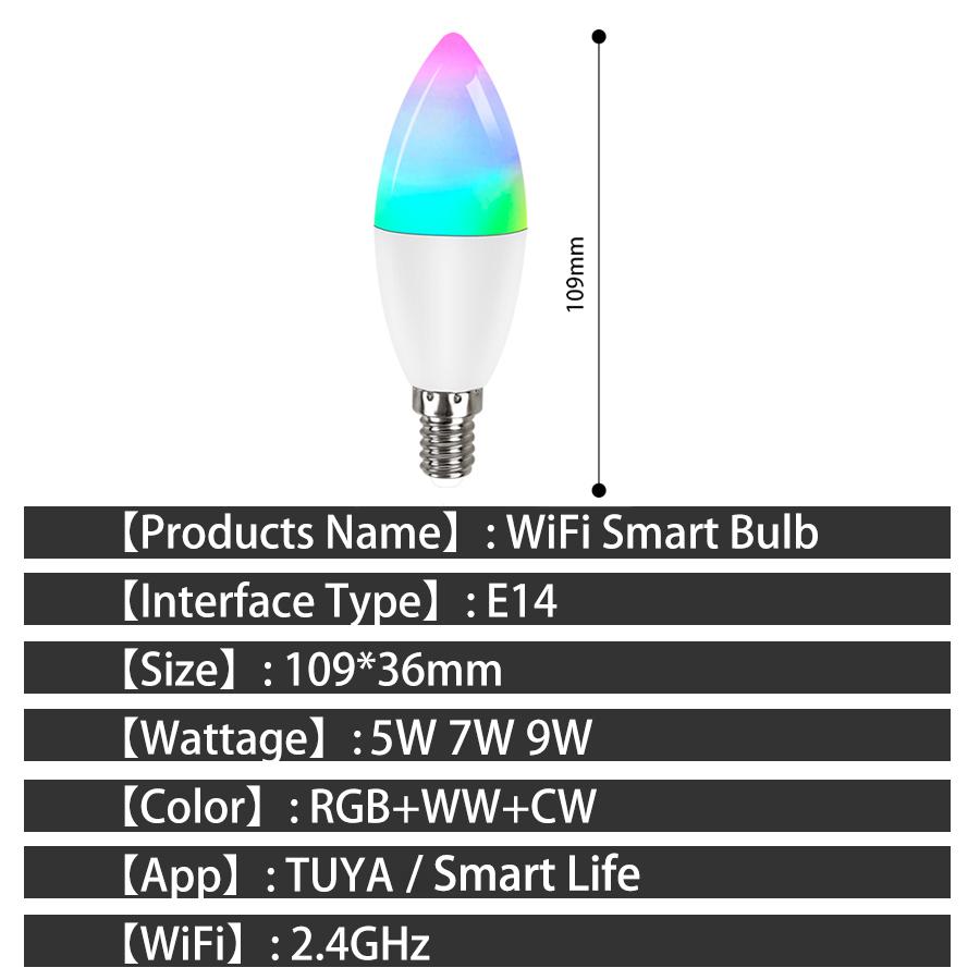 Wifi Smart Light Bulb E14 Candle Lamp RGB+CW+WW 5W 7W 9W Tuya Smart Life APP Voice Control Compatible Alexa Google Home Dimmable
