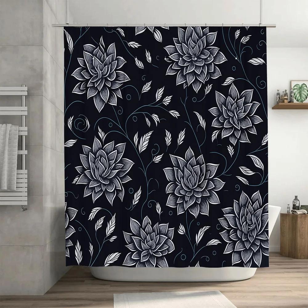 Black Floral Printed Shower Curtain Decorative Bathtub Liner for Bathroom Waterproof Hanging Shower Curtain with Rod (180x240cm)