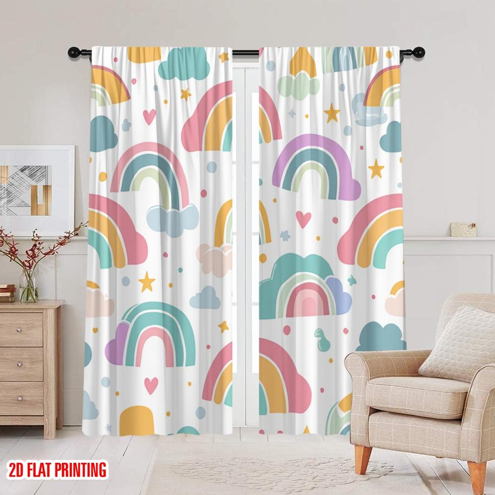 2D Flat Printing 2pcs Curtain Cute Rainbow Cloud Stars Digital Printed Polyester Drapes Holiday Decorations Perfect for Holiday