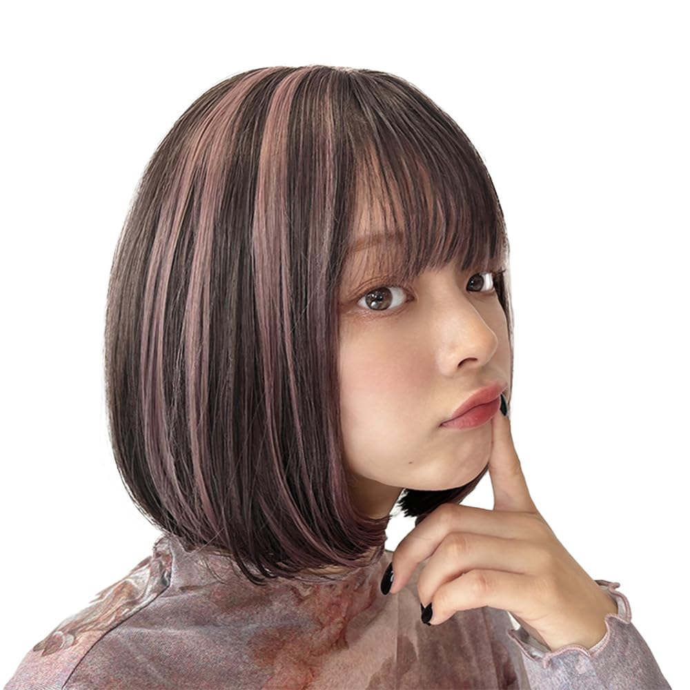 AQUADOLL Bob Short Wig with Mont Blanc Color Highlights, Full Wig, Blonde, Pink, Free Size, DB2BP-X. Strawberry Chocolate (wg350DB2BP-X)