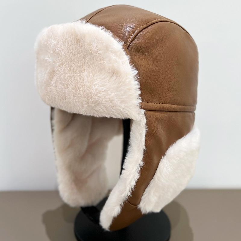 Leather Lei Feng Hat Men and Women In Autumn and Winter Thickened Warm Ear Protection Hat Outdoor Skiing Biker Plus Velvet Cold Proof Northeast Hat