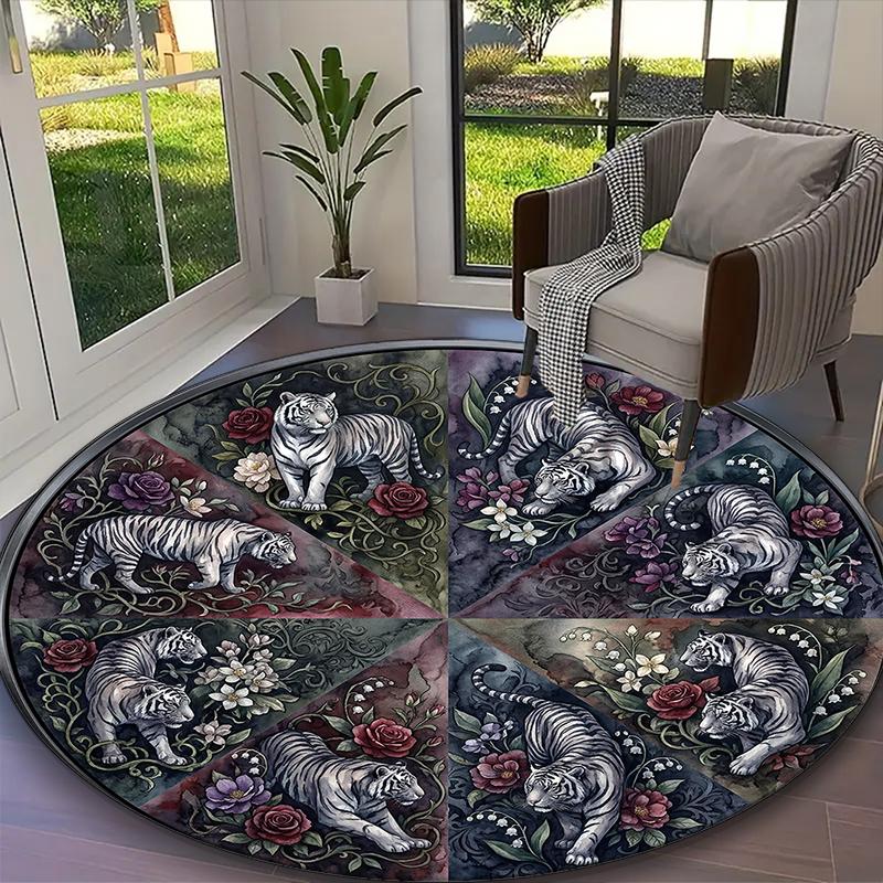 1pc Dark Floral Tigers Rug, Digital Printed Home Chair Sofa Mat, Durable Office Round Carpet, Beautiful Festival Decorations