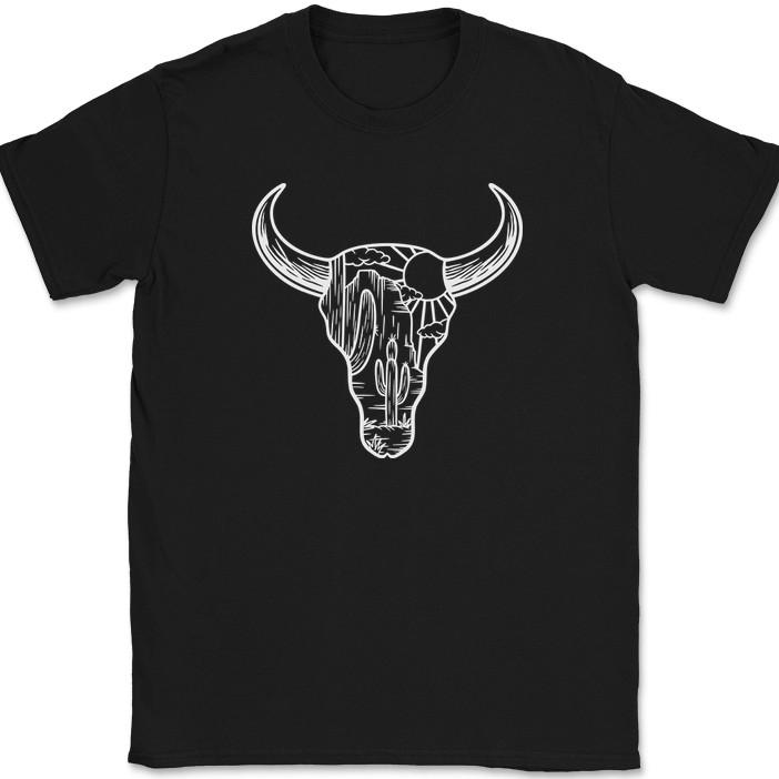 Cow Skull Desert T-Shirt Cowboy Cowgirl AZ Bull Graphic Riding Wrangling Tee
