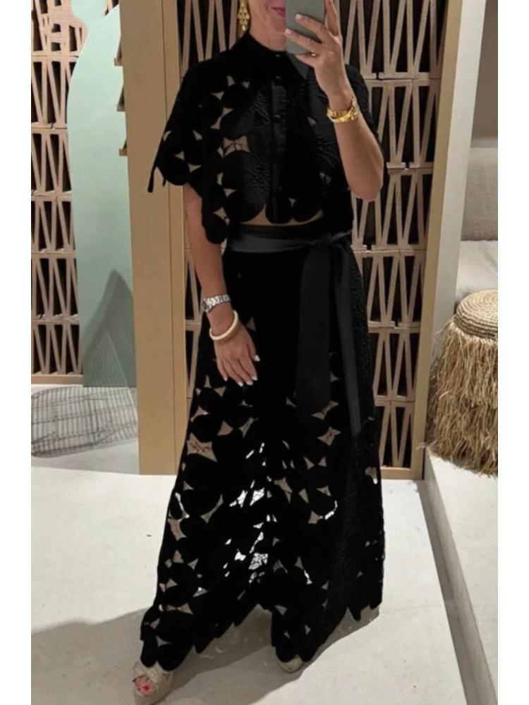 Damen Frühling Elegantes Revers Halbarm Crop Top + Weite Hose Sexy Hollow 2-teiliges Set