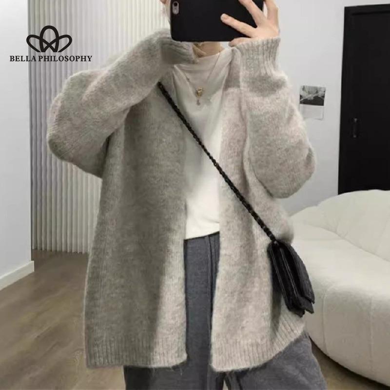 Knitted Cardigan Jacket Women Solid Color V-neck Large Version of Loose Medium-length Top Sweater Autumn Sweater
