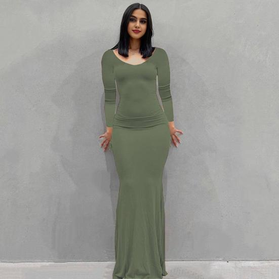 Langärmeliges Maxikleid für Damen Herbst Casual Rundhals Langkleid Slim Fit Bodycon Raffiniert Cocktailpartykleid