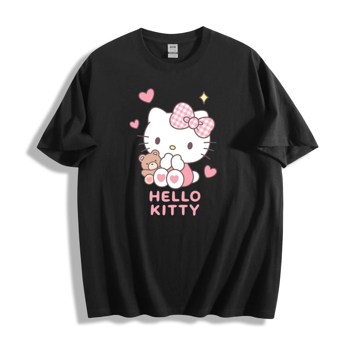 Hello Kitty & Tiny Teddy Bear T-Shirt -Cute Pink Checkered Bow Design Unisex Tee S