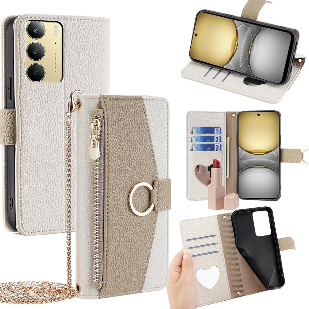 For Realme C75/14x 5G Case Mirror Wallet Leather Phone Cover with Chain Shoulder Strap