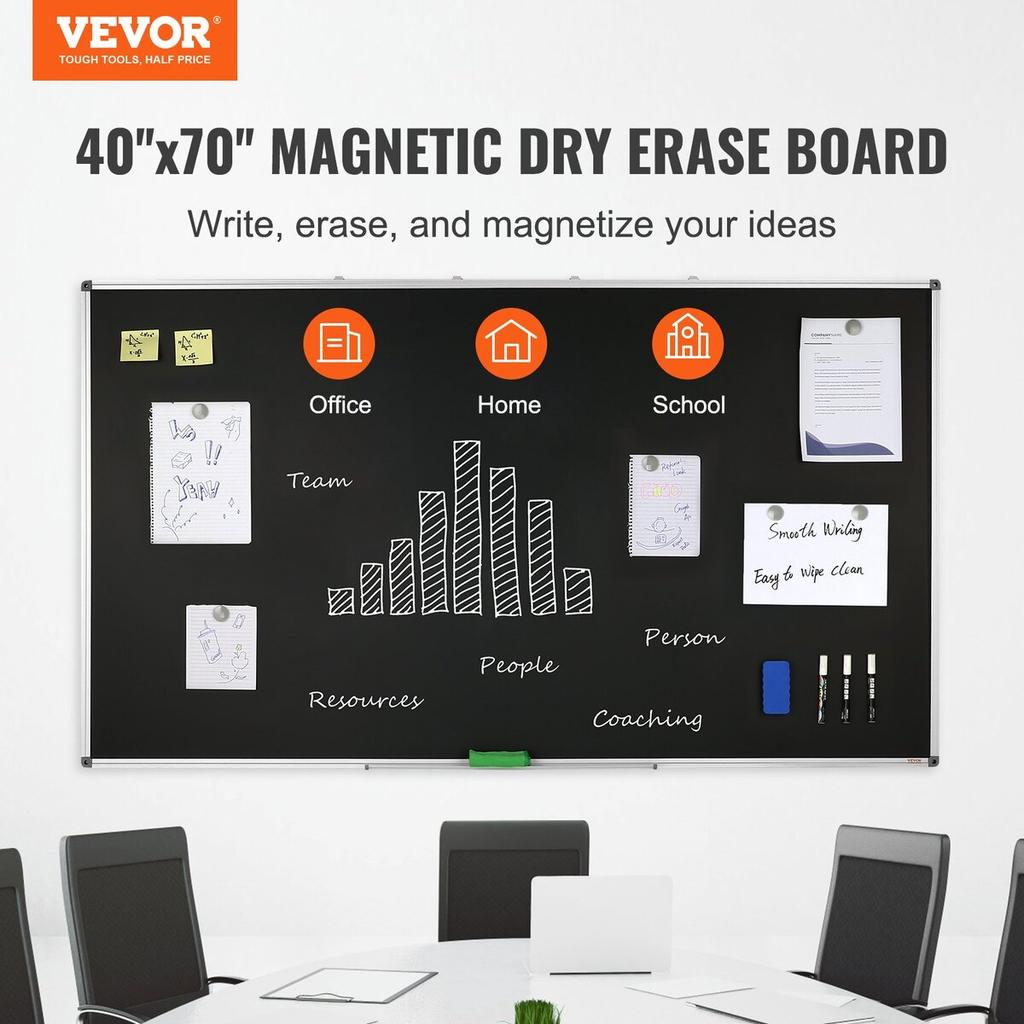 Black Board, 70 x 40 inch Large Chalkboard with Aluminum Frame, Black Boards Dry Erase Includes 1 Magnetic Erase & 3 Dry Erase Markers, Black Surface,