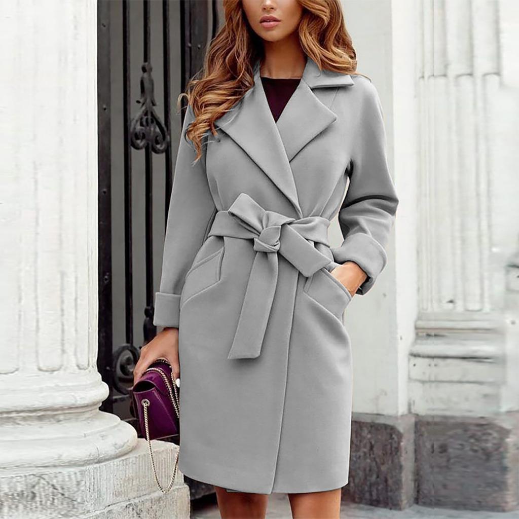 Dámská vlněná móda Slim-fit Pásek Klopa Vlněná kapsa Shacket Flanelová bunda Kabáty