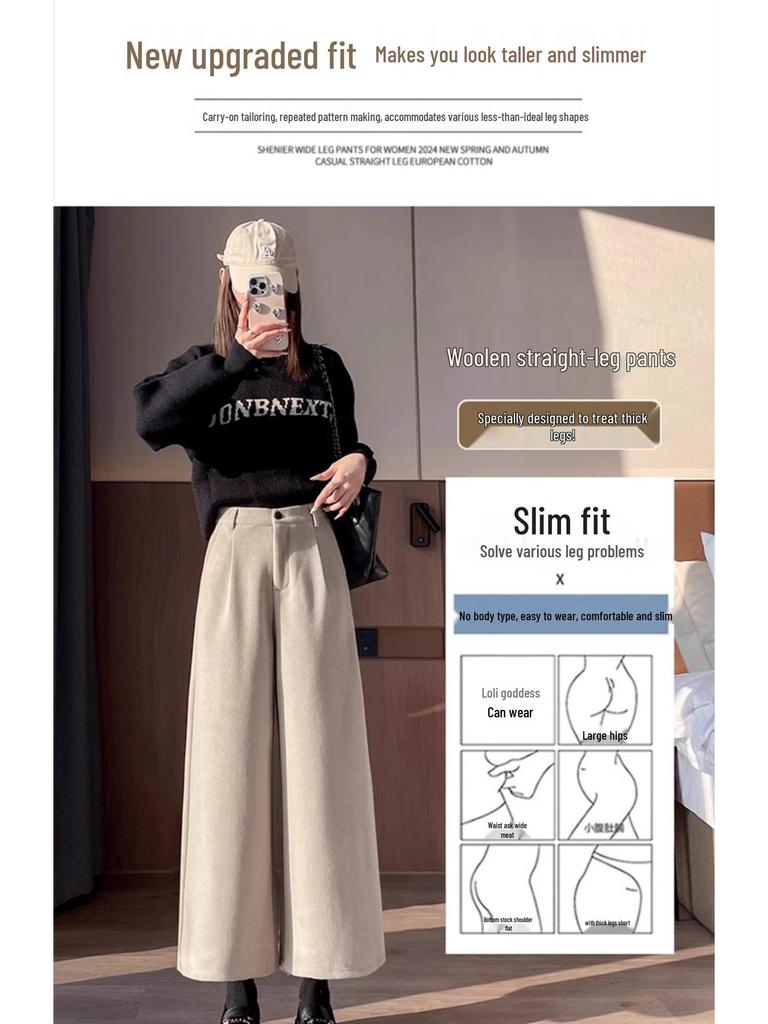 2024 Autumn/Winter Women's Black High-Waisted Woolen Wide-Leg Pants
