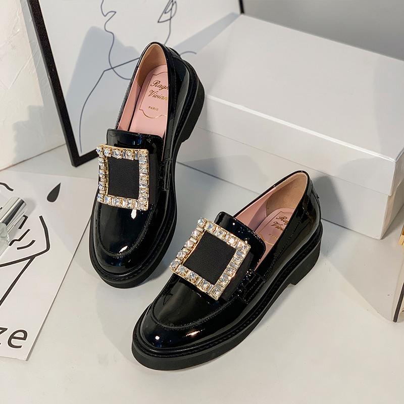 Fashion Famous  Crystal Square Buckle Flats Women Japanned Leather Brogue Shoes British Oxford Creepers Derby Shoes Woman Loafers
