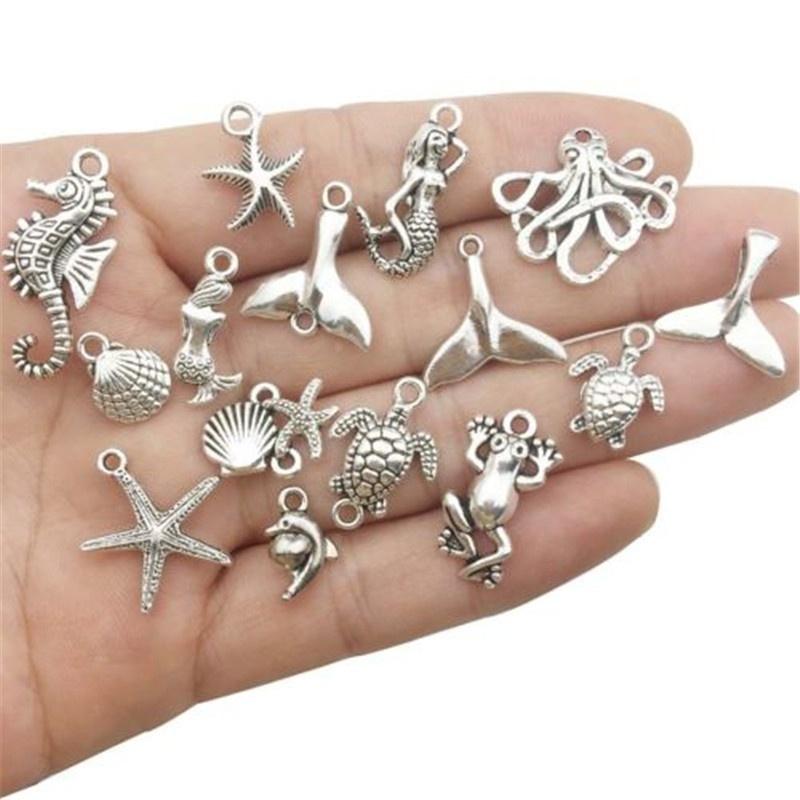 50 Tibetan Silver Mixed Seahorse Shell Starfish Turtle Ocean Charms Pendant and 100pcs Flower Beads Caps Jewelry DIY Accessories