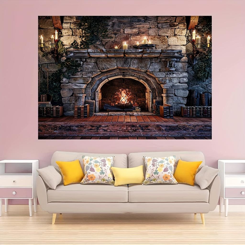 1 mysterious room background - vibrant flames and fireplace photography background with magical books and candle designs