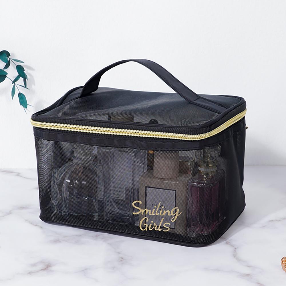 Large-Capacity Black Mesh Makeup Case Organizer Storage Pouch Casual Zipper Toiletry Wash Bags Make Up Women Travel Cosmetic Bag