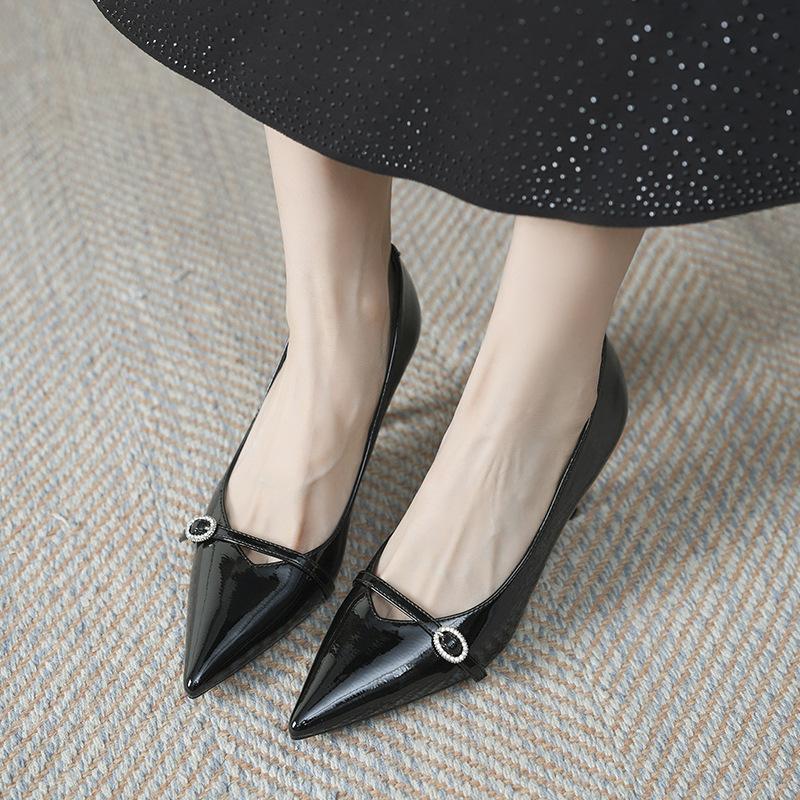 361-8 Patent Leather One-word Buckle Temperament High Heels Pointed Stiletto Wedding Shoes Bridesmaid Shoes Banquet Single Shoes Spring
