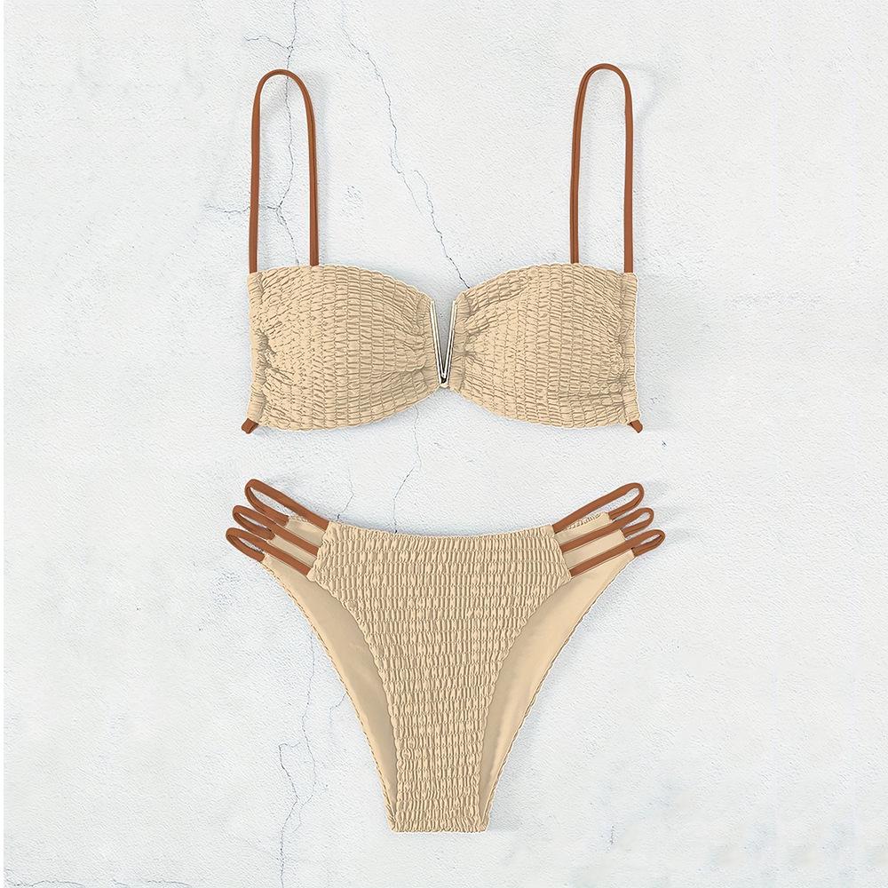 

Европейский и американский женский сексуальный купальник бикини с глубоким V-образным вырезом на спине - однотонный плиссированный купальник XL слоновая кость