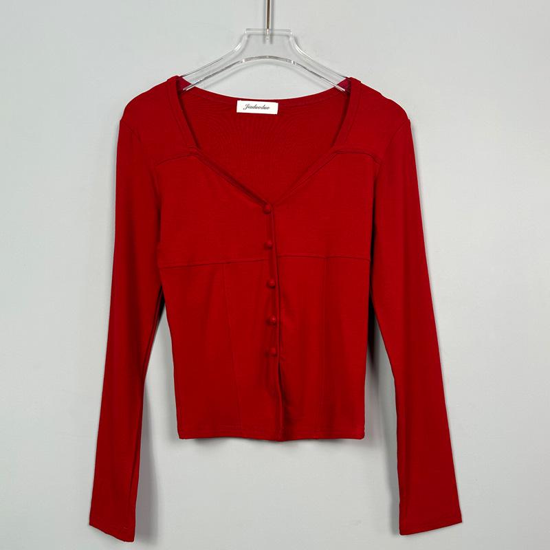 

Новое поступление: Южная Корея Настоящий красный Вырез «сердечко» Женственная футболка с длинным рукавом One Size красный