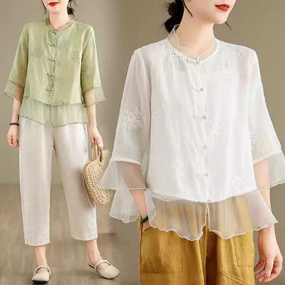 Chinese Style Casual Shirt Women Arrival Summer Vintage O-neck Floral Embroidery Loose Female Cotton Tops Shirts