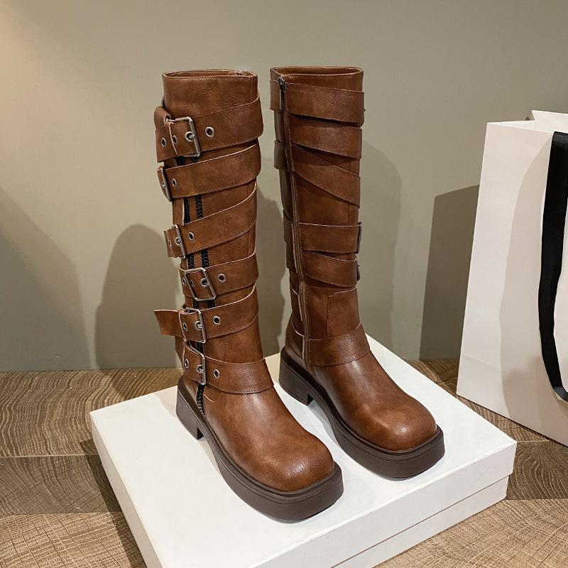 Wasteland Wind Boots 2025 New Women's Shoes Thick Sole But Knee Fat Mm Round Head High Boots Widened Locomotive Boots