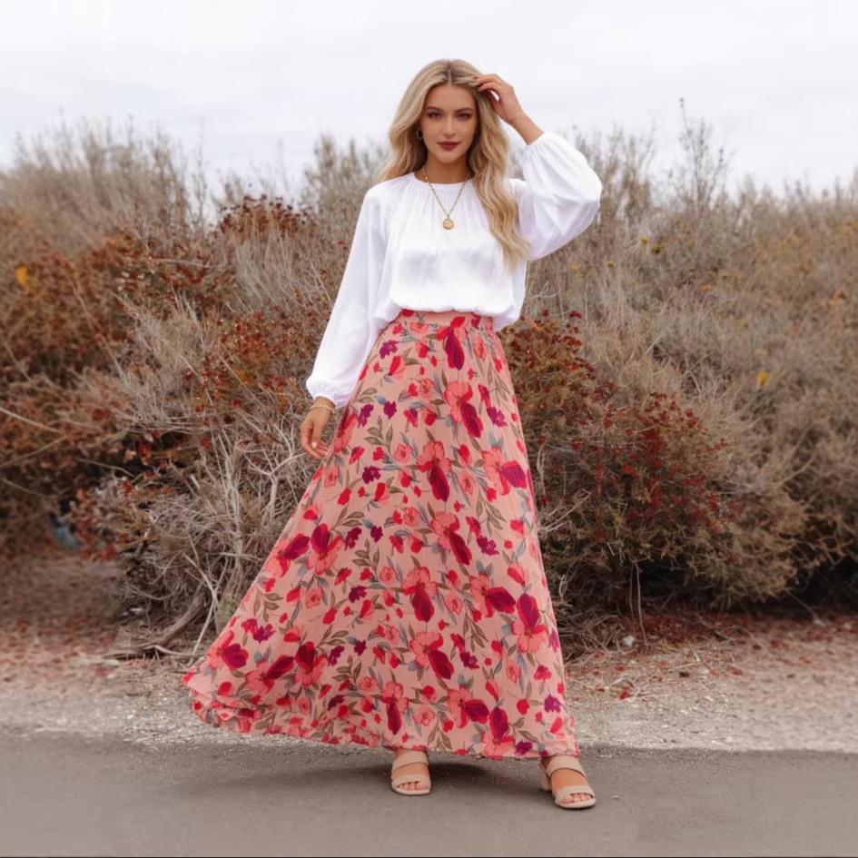 

Women s Elegant Spring/Summer Printed Loose Half Skirt - European & American Holiday Style Large рожевий
