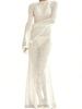 Women's Crochet Long Sleeve Backless Mesh Knit Swimsuit Cover Up Beach Maxi Dress