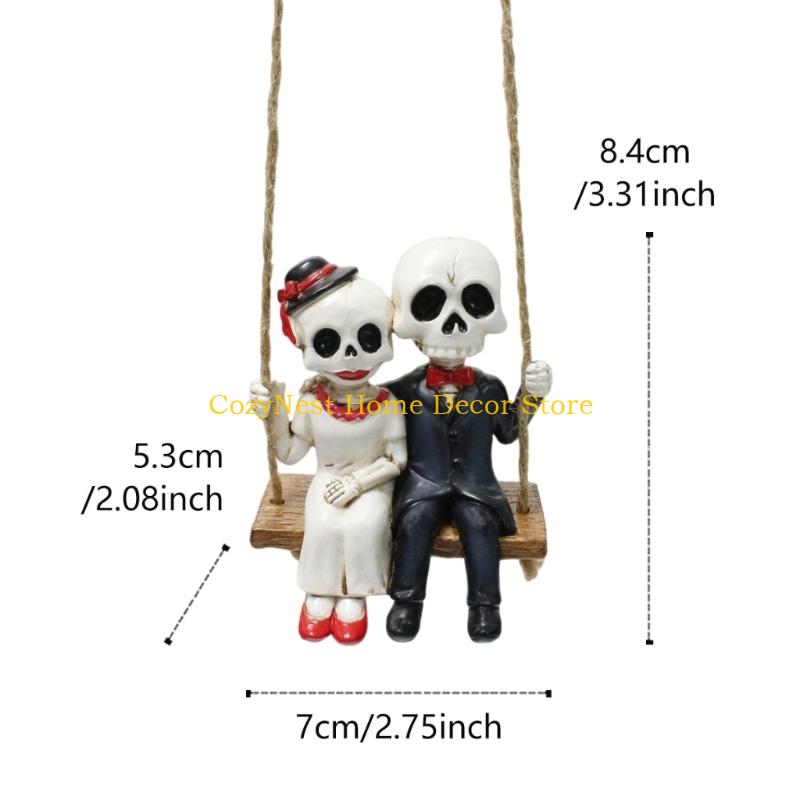 92MF Funny Halloween Couple Skull Swing Hanging Resins Sculpture For Garden Decors