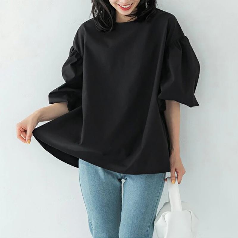 Summer Loose Large Edition Women's Shirt Cotton Oversized Lantern Sleeve Crew Neck Top
