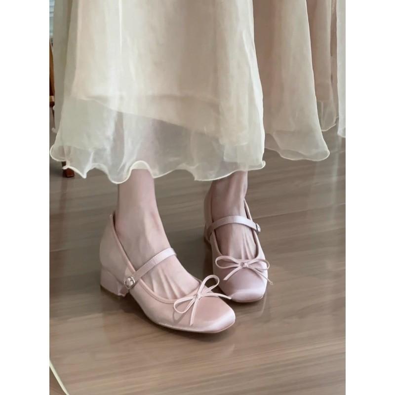 Inner height increase 7CM pink satin bow high heel Mary Jane shoes women's thick heel soft sole versatile ballet single shoes women