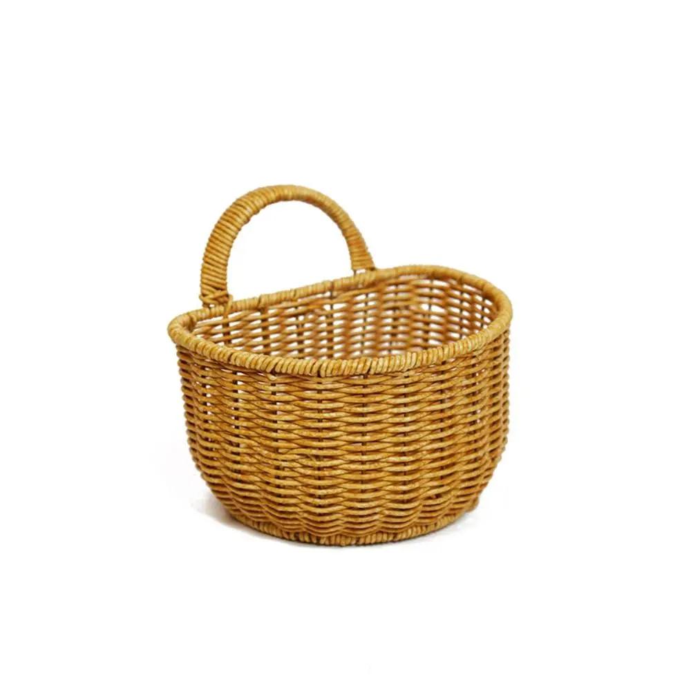 Imitation Rattan Kitchen Storage Basket Brown with Handle Hand-woven Hanging Baskets Vegetable Fruit Flower Toilet Rack