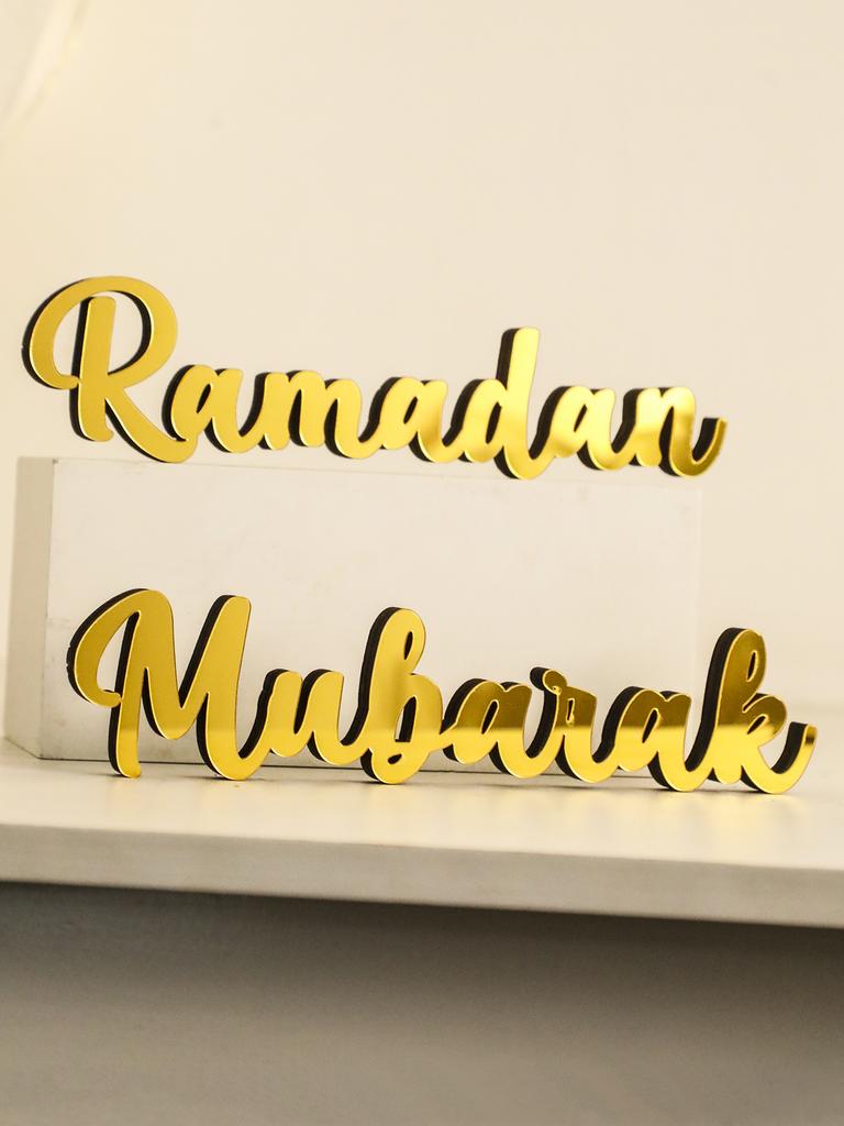 Ramadan Mubarak Golden Tabletop Ornaments Wooden Stand Calligraphy Sign Islamic Festive Desktop Decor for Ramadan&Eid Home Gifts