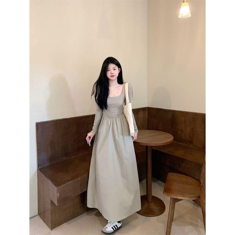 

Kumikumi Design Contrast Color Patchwork Elegant Simple Long sleeve dress Women Autumn Waist Hugging Slimming A- line Skirt Tea break Green L