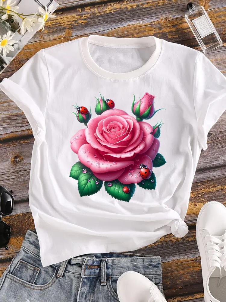 (Asian Size)  Tee Women love heart plant trend cute Clothing Casual Top Short Sleeve T Shirt Fashion Print Lady Female Graphic T-shirts