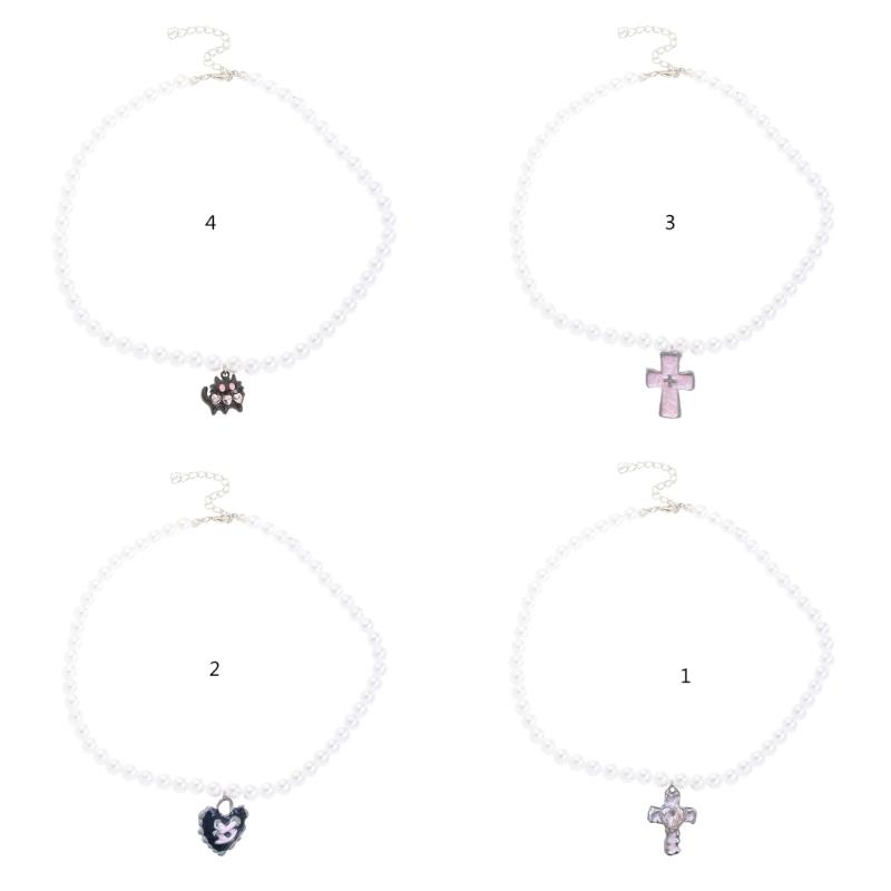 Imitation Pearl Beaded Choker Adjustable Length Neckchain Accessory for Ladies Heart/Crucifix/Cats Pendant Necklace