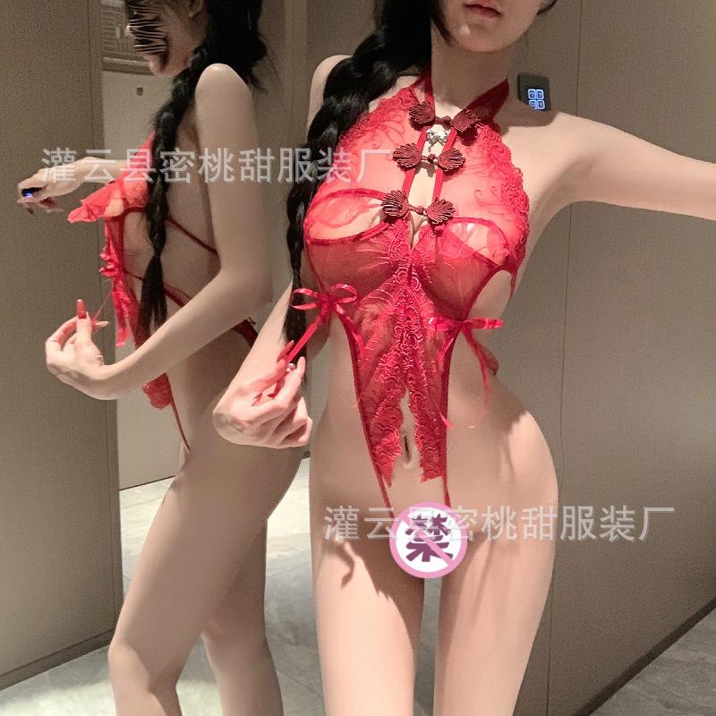 Sexy underwear hot backless cheongsam style uniform sexy lace perspective open file free pajamas