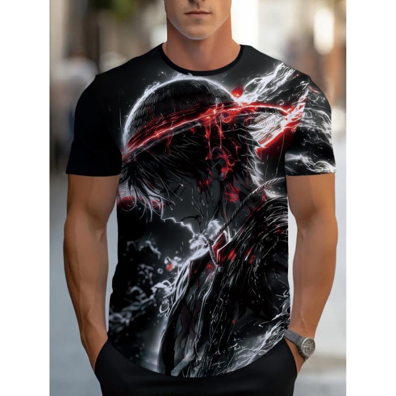 Herren-T-Shirt mit Aufdruck - leicht und atmungsaktiv, rot-weißes Anime-Comic-Kunstmuster, Rundhalsausschnitt, kurzärmlig, Sommer-Top
