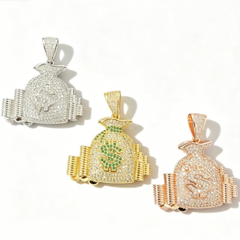 European and American Hip Hop Beauty Money Bag Necklace Copper Set Zircon Dollar Symbol Pendant Trendy Brand Personalized Men's Necklace Accessories